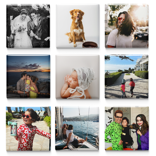 Collection of 9 custom photo magnets on a white background
